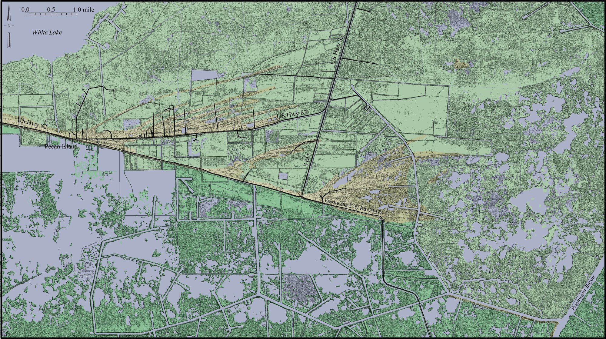 Carte en relief des marais autour de Pecan Island en Louisiane : marais doux et intermédiaires en vert, eau libre en bleu-gris, avec la LA 82, la route 3147 vers Freshwater City et le Freshwater Bayou