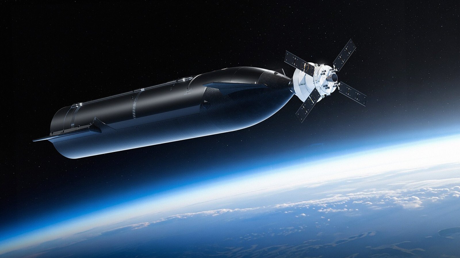 Vue d'artiste d'un Starship noir amarré à la capsule Orion au-dessus de la Terre