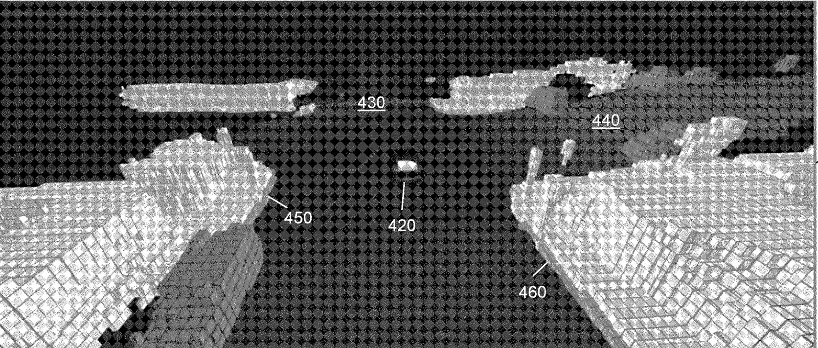 Figure de brevet Tesla montrant une rue modélisée en 3D, avec une route en descente, une route en montée et des trottoirs