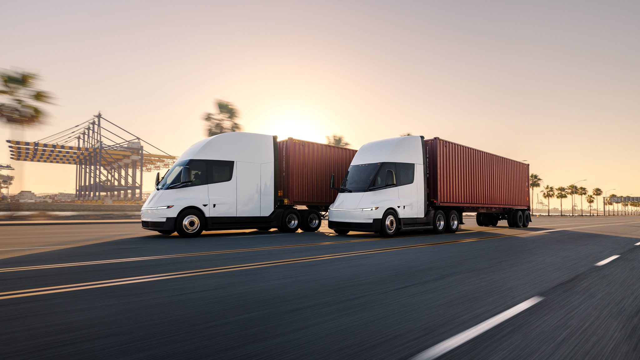 Tesla Semi trucks hauling containers. Credit: Tesla (@tesla_semi)